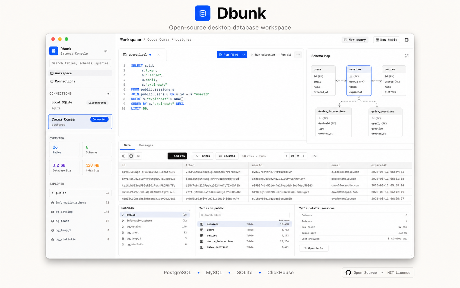 Dbunk app interface showing the main workspace