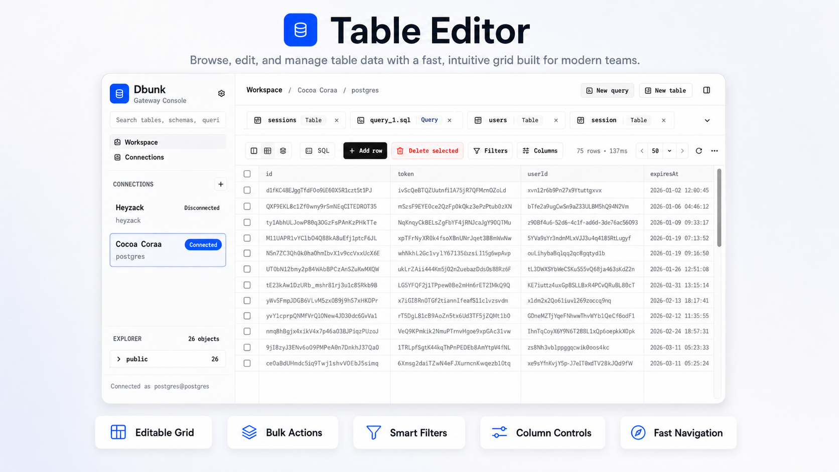Data grid browsing database rows