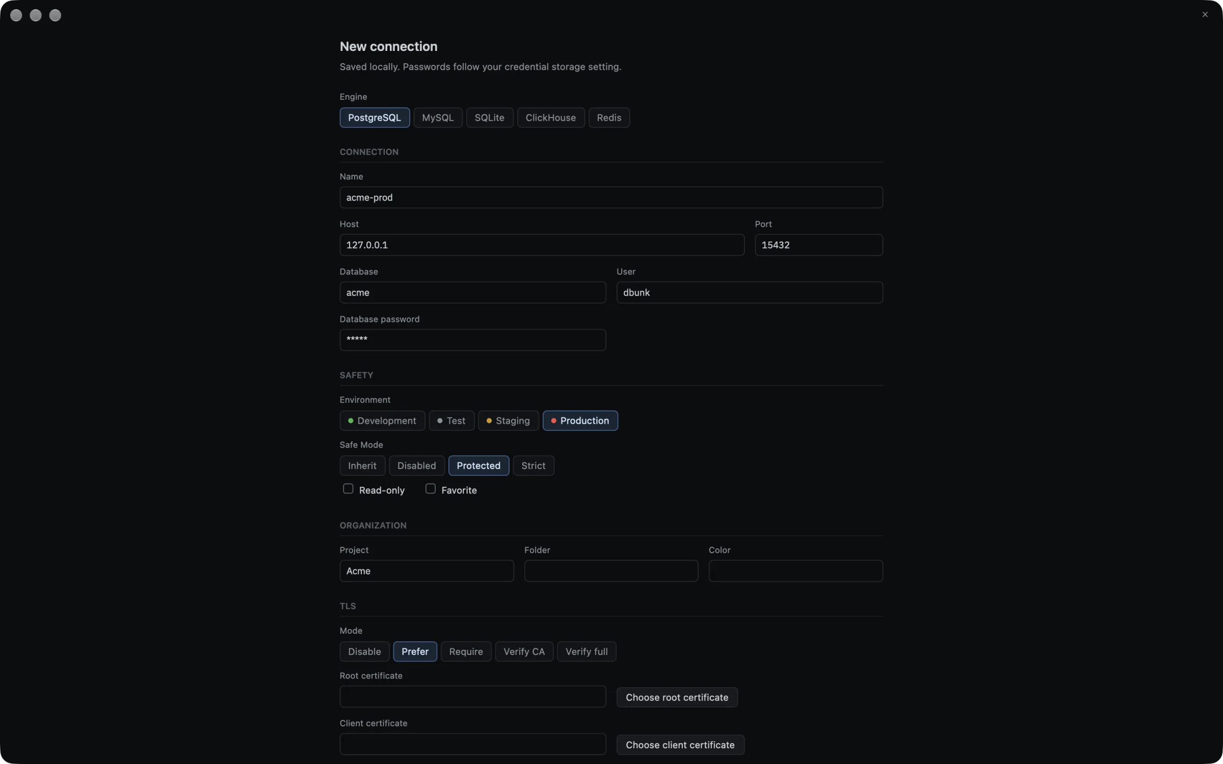 Connection form with environment, safe mode and read-only options