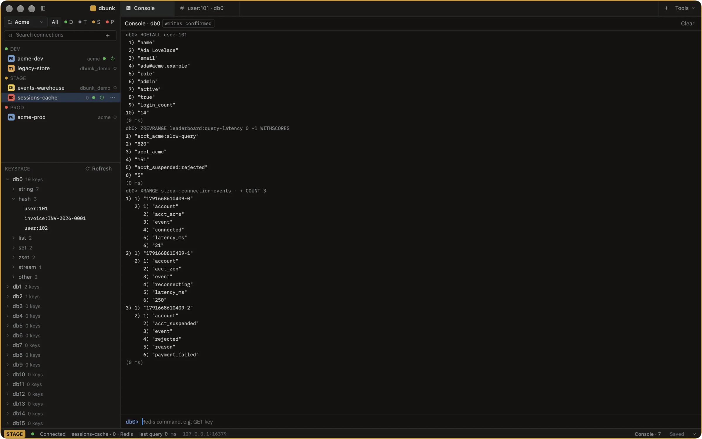 Redis console with a keyspace tree grouped by type, on a staging connection framed in amber