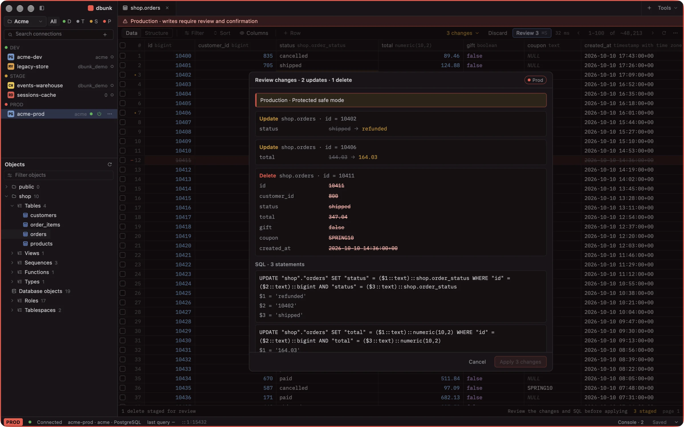 Review dialog listing two updates and a delete with before and after values and the SQL that will run