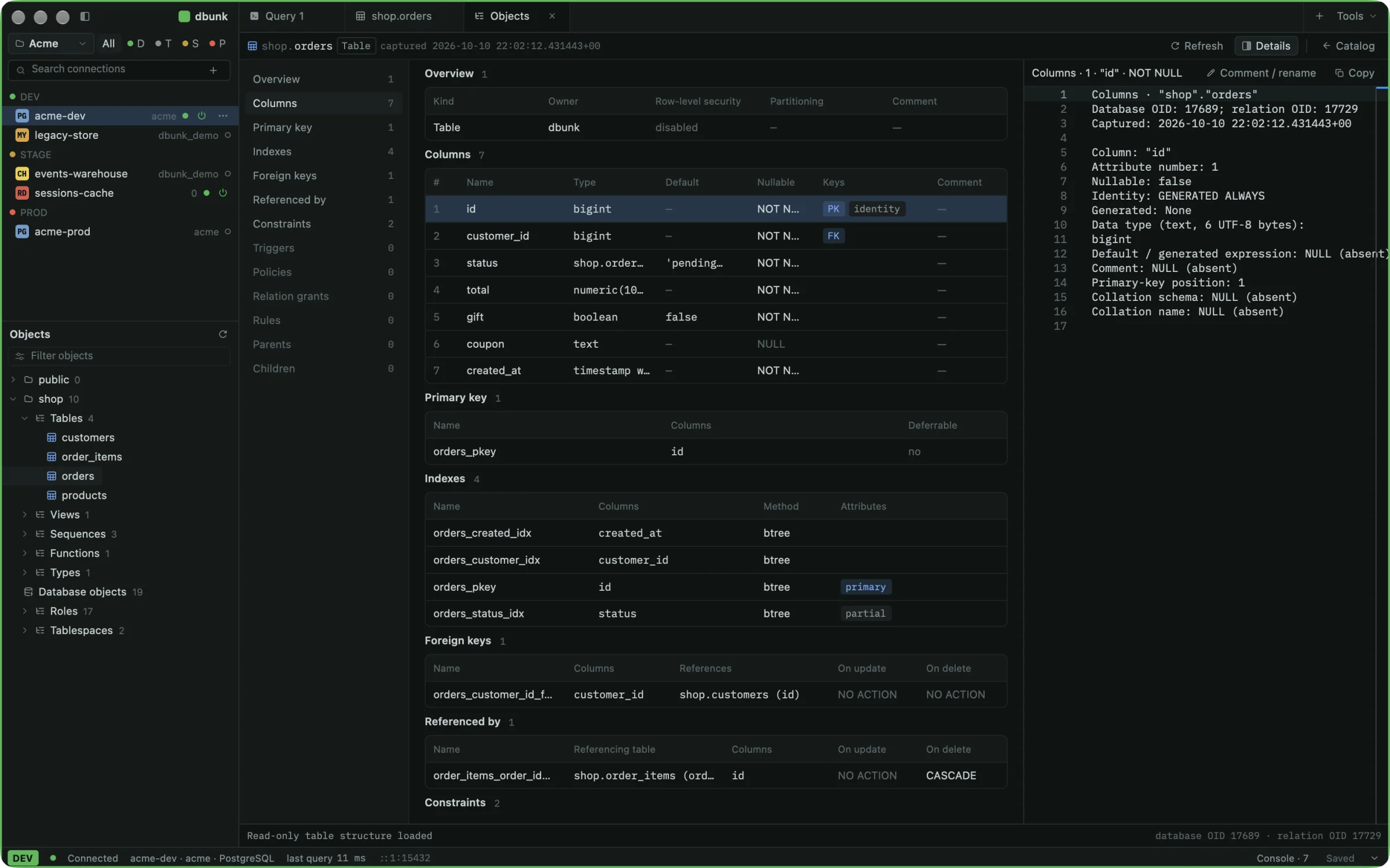 Table structure view showing columns, keys, indexes and foreign keys