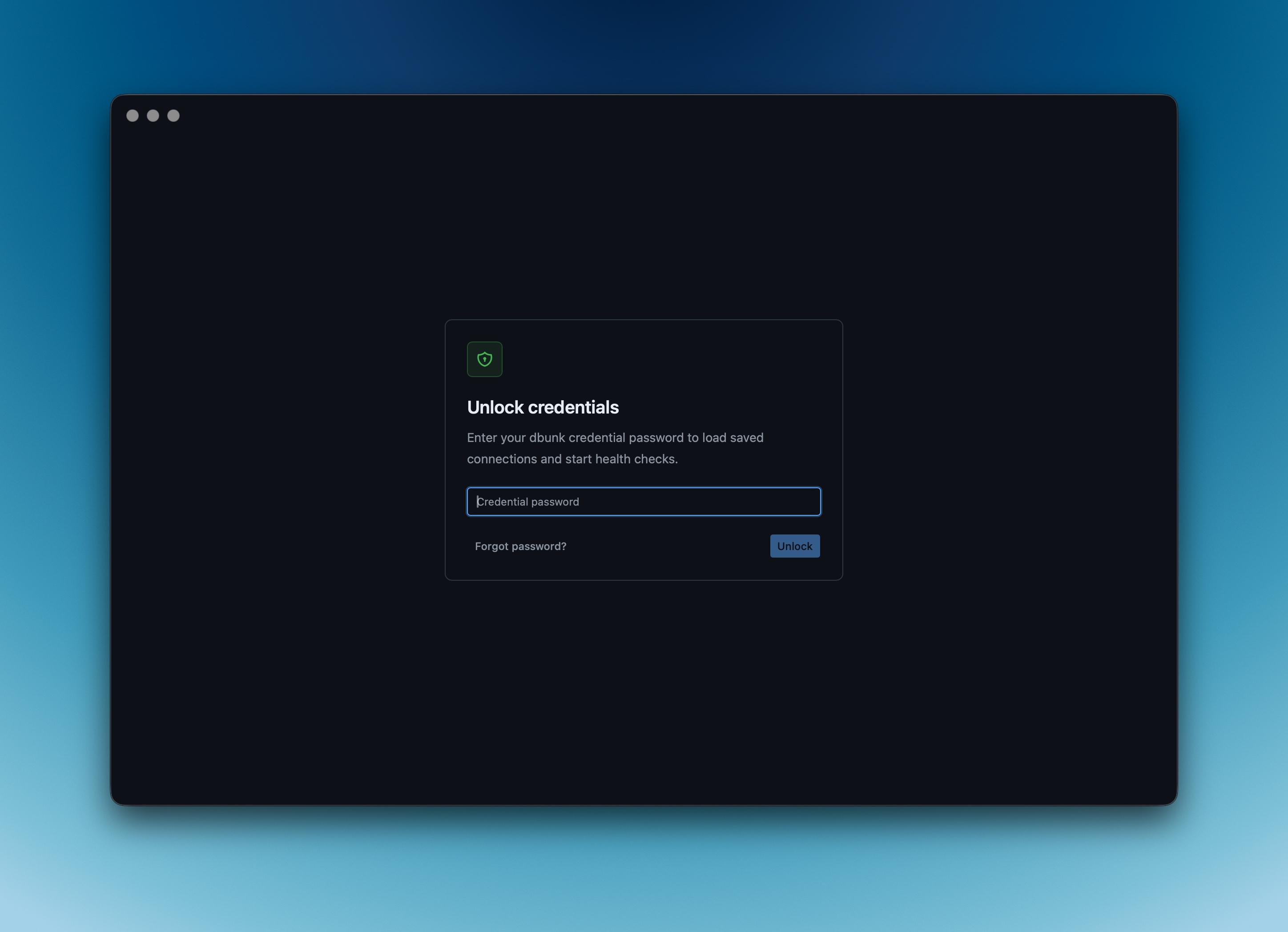 Unlock credentials screen shown on launch when encrypted SQLite is selected