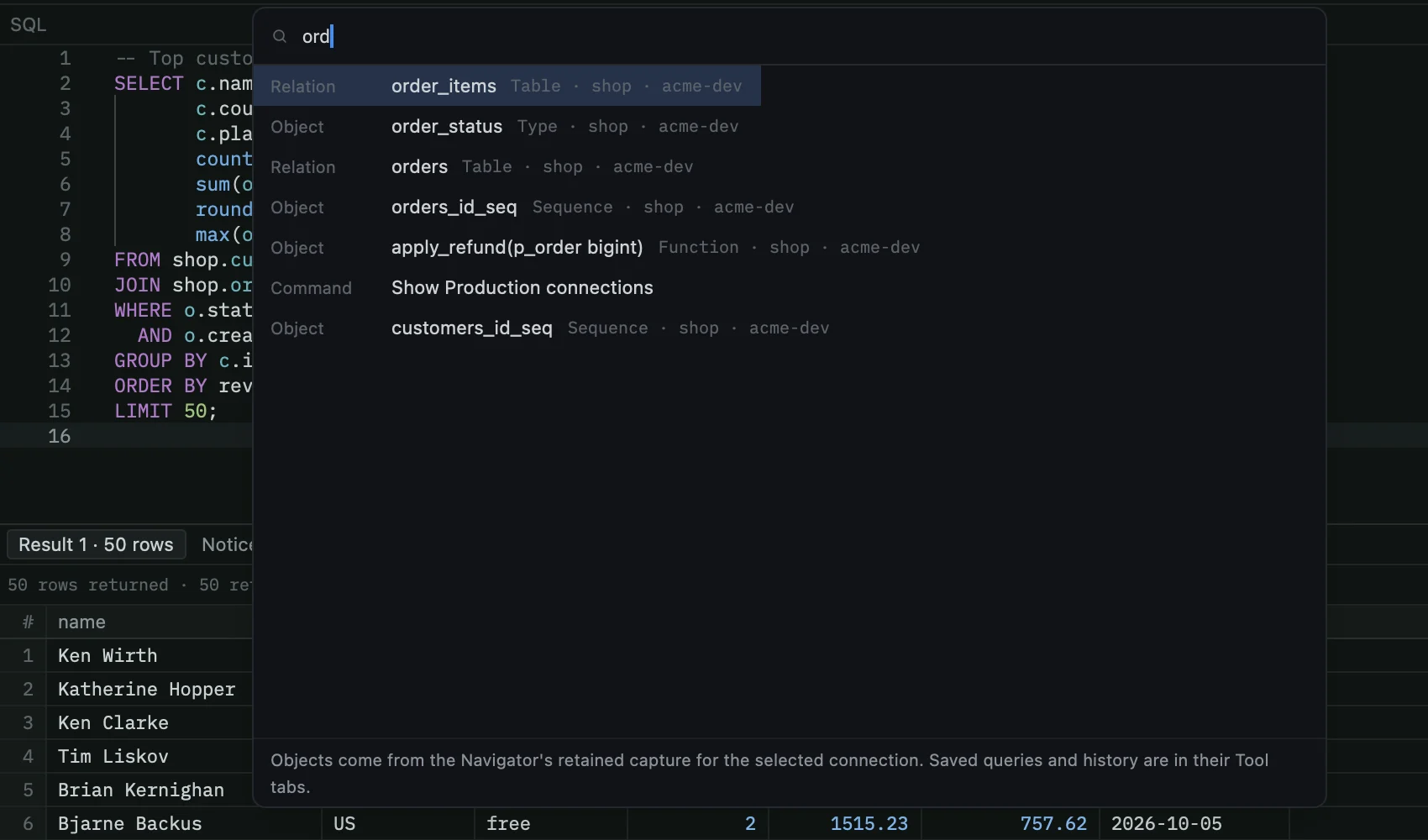 Open Anything palette listing tables, a type, a sequence, a function and a command matching ord