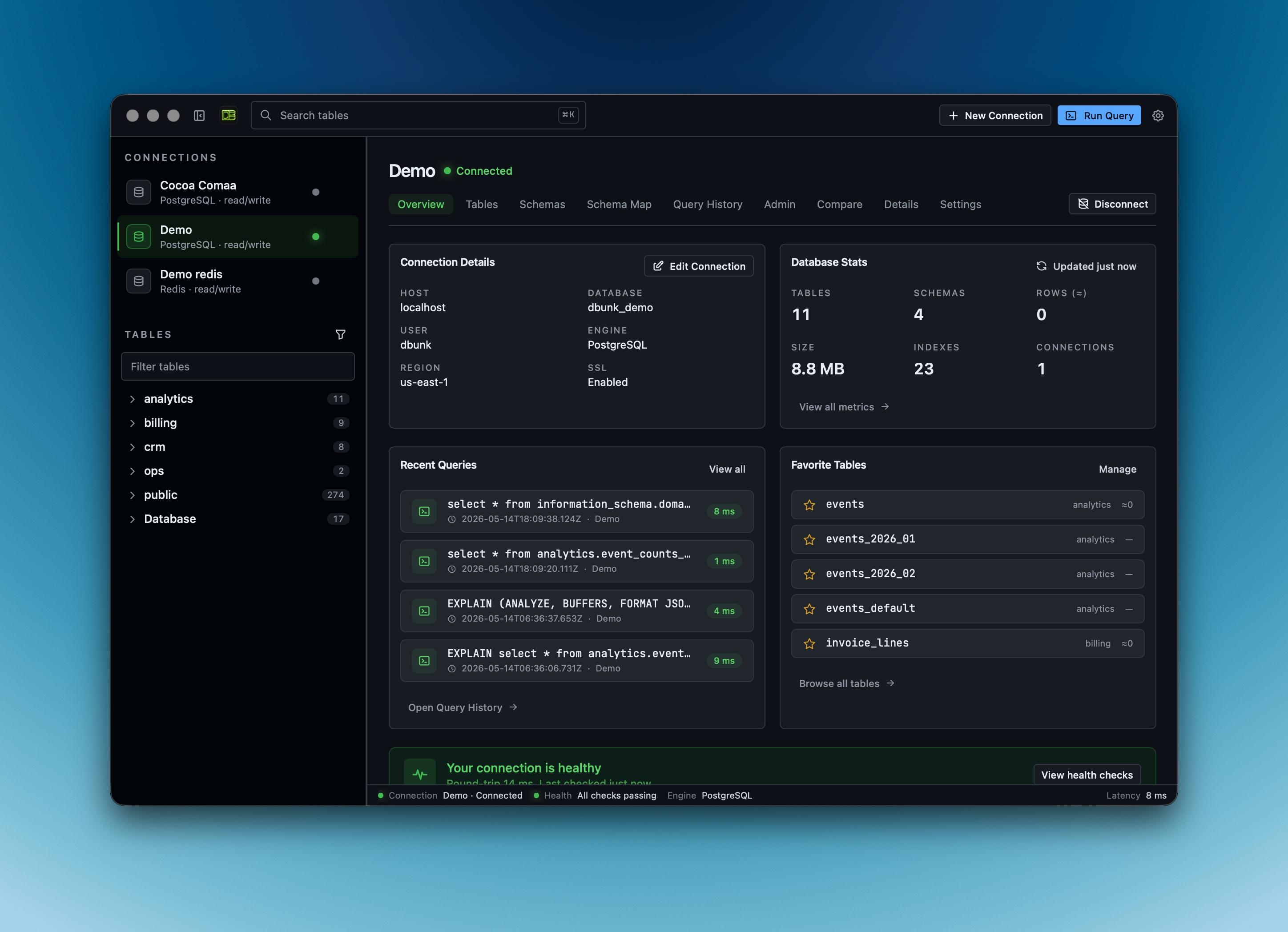 Dbunk PostgreSQL connection overview with stats, recent queries, and favourite tables