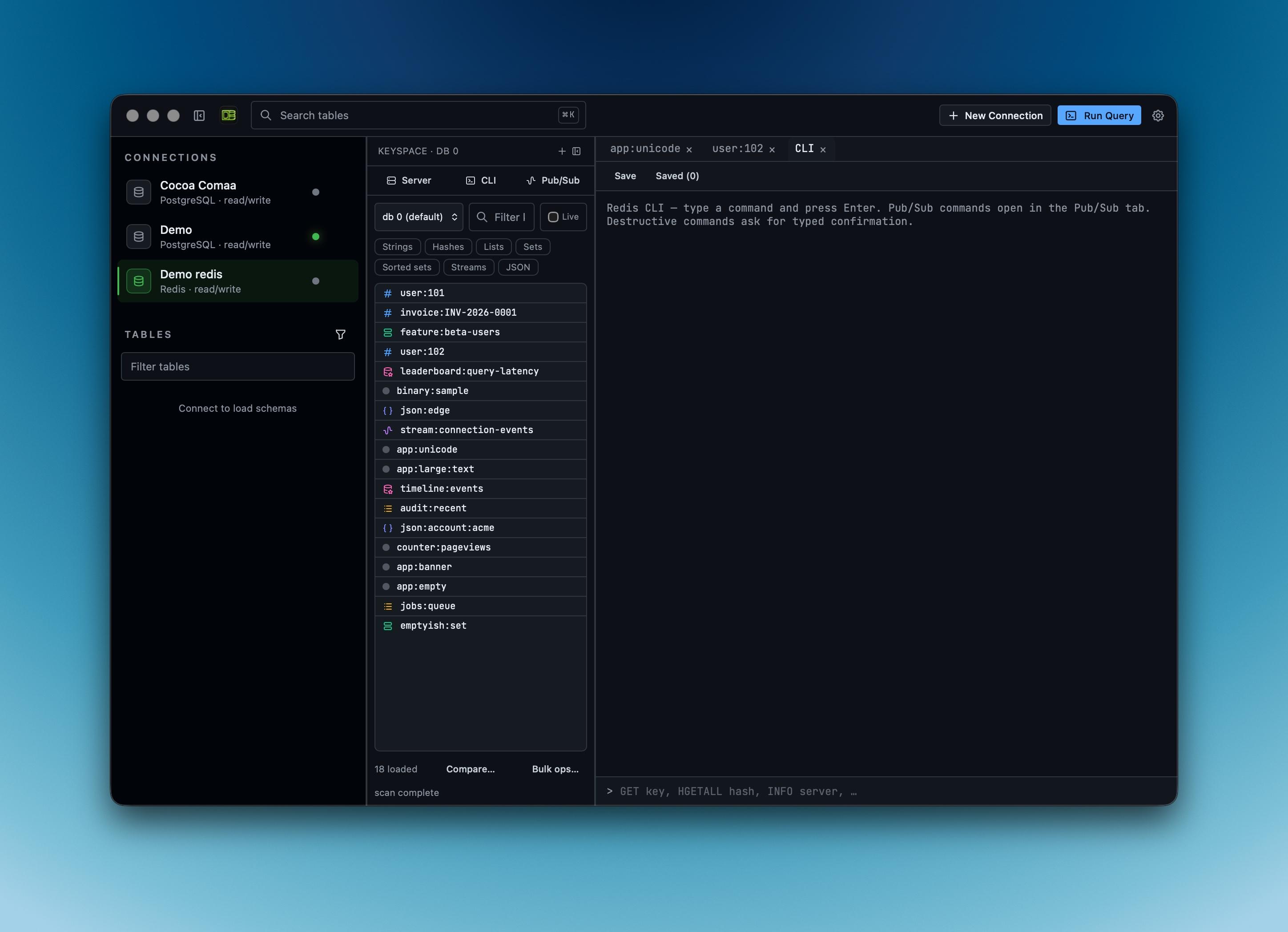 Redis workspace with keyspace browser and CLI