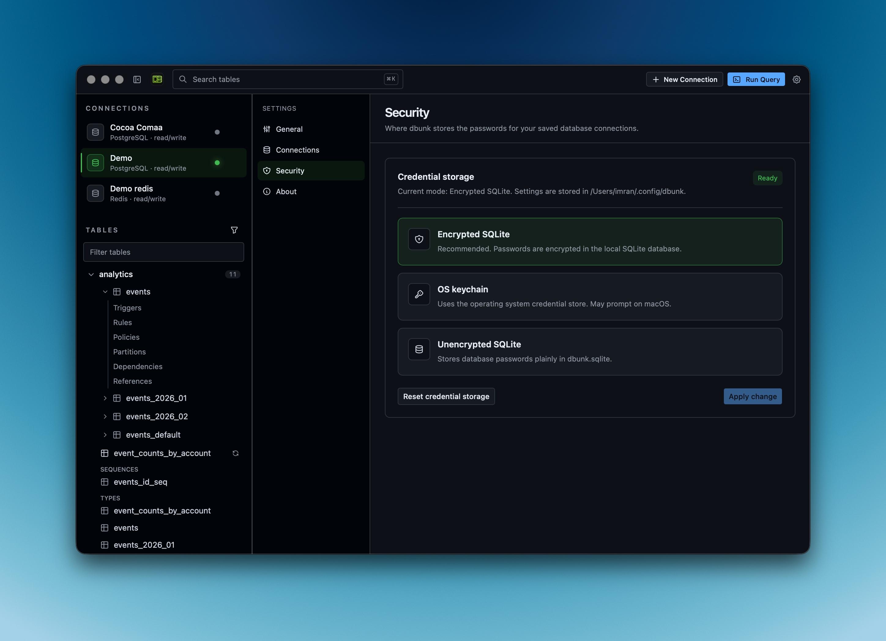 Security settings showing encrypted credential storage options