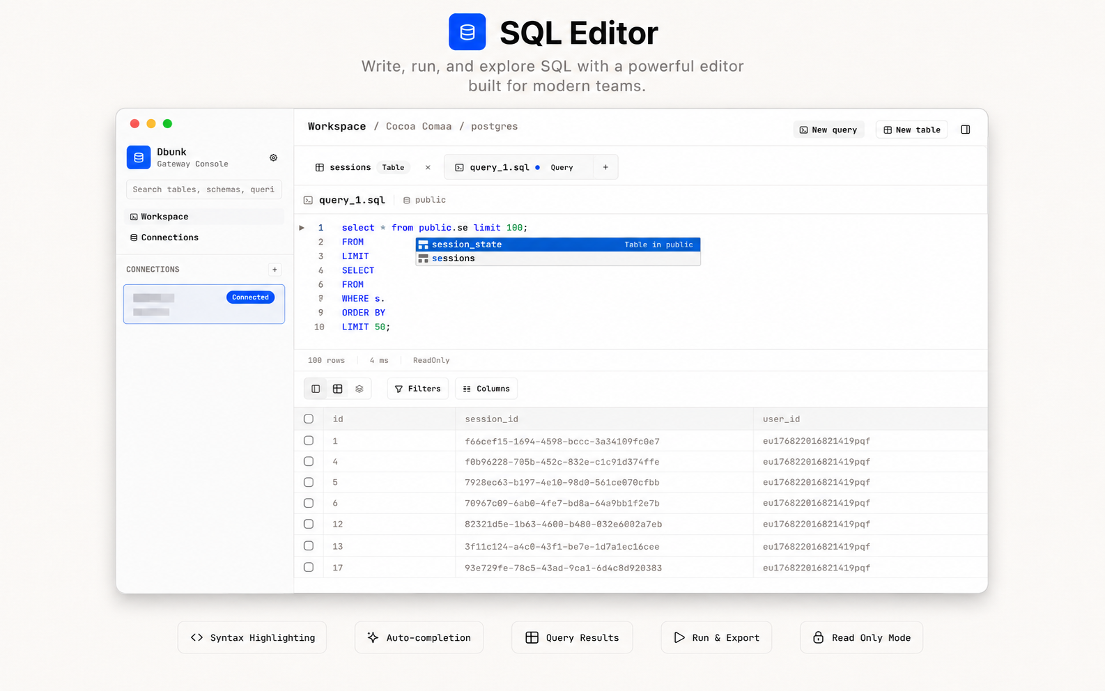 SQL Editor with syntax highlighting